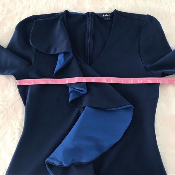 New SABIE Long Sleeve Navy Blue Knit Midi Dress Sheath Office Career Medium - Picture 6 of 10